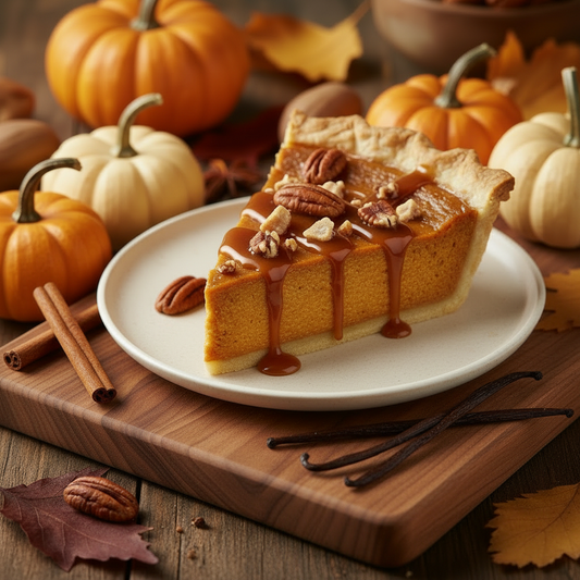 Fresh pumpkin pie slice with caramel drizzle, toasted pecans, vanilla beans, and fall harvest décor — the scent inspiration for M. Joseph Creations Pumpkin Praline Scented Candle