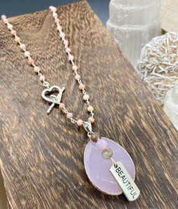 Rose Quartz/Pink Sapphire Pendant & Pink Opal Rosary Chain Necklace