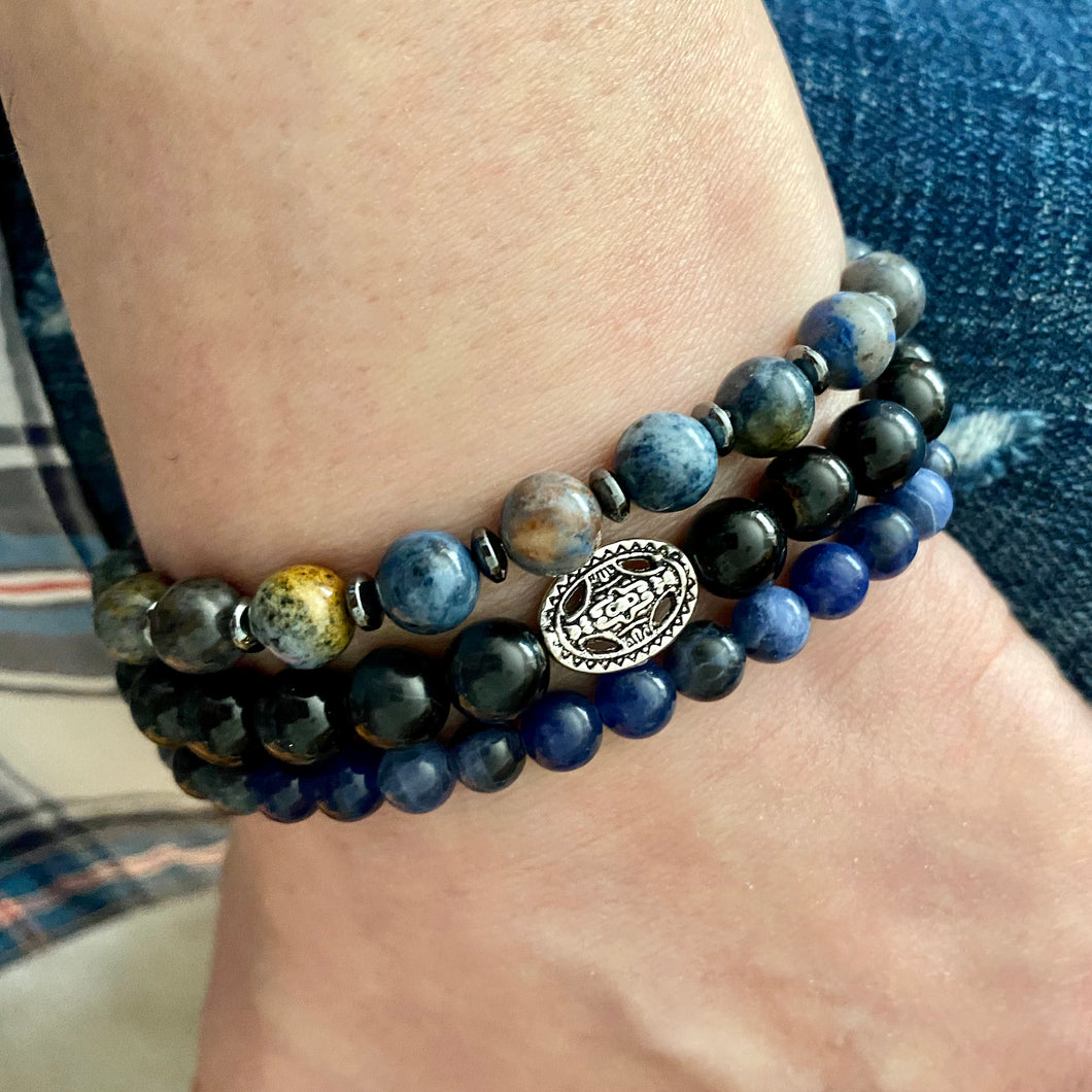 They Call it the Blues: Blue Tiger Eye, Sunset Dumortierite, Hematite & Sodalite Stack Bracelets