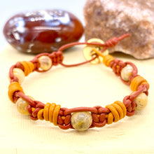 Load image into Gallery viewer, Barrel of Laughs: Crazy Lace Agate Barrel &amp; Square Knot Leather Bracelet
