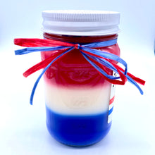 Load image into Gallery viewer, God Bless America Candle (14 oz. net wt.): Strawberry Cheesecake, Vanilla &amp; Blueberry Cobbler
