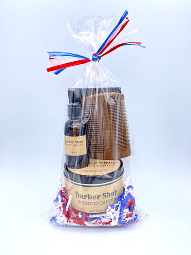 Barber Shop Scented Candle, Beard Oil and Sandalwood Comb