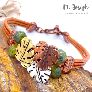 Monstera Leaf: Jade & Mixed Metal Leather Bracelet