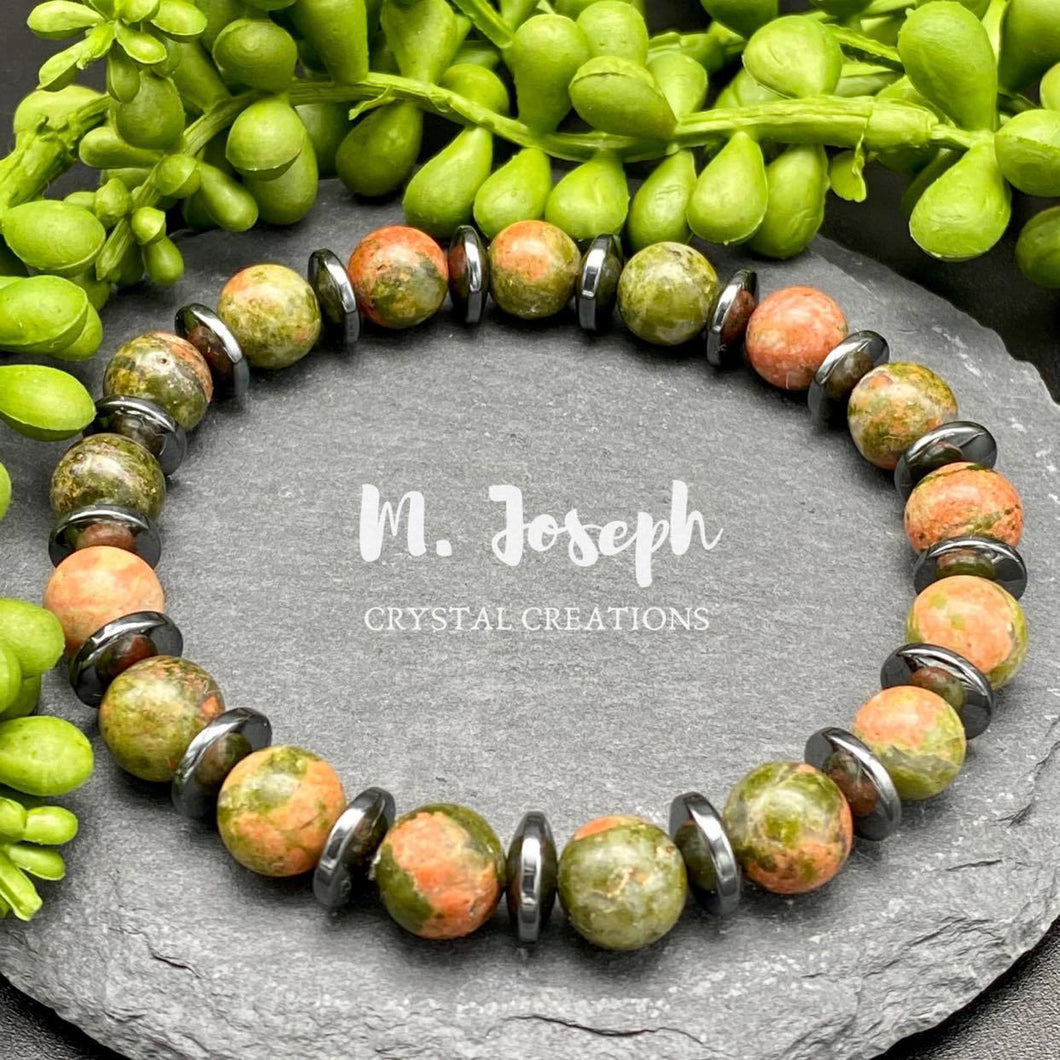 Patience is a virtue; this unakite and hematite bracelet helps support a healthy alignment of physical, mental and spiritual body. Also, a powerful crystal combination for blood/tissue support and detox!