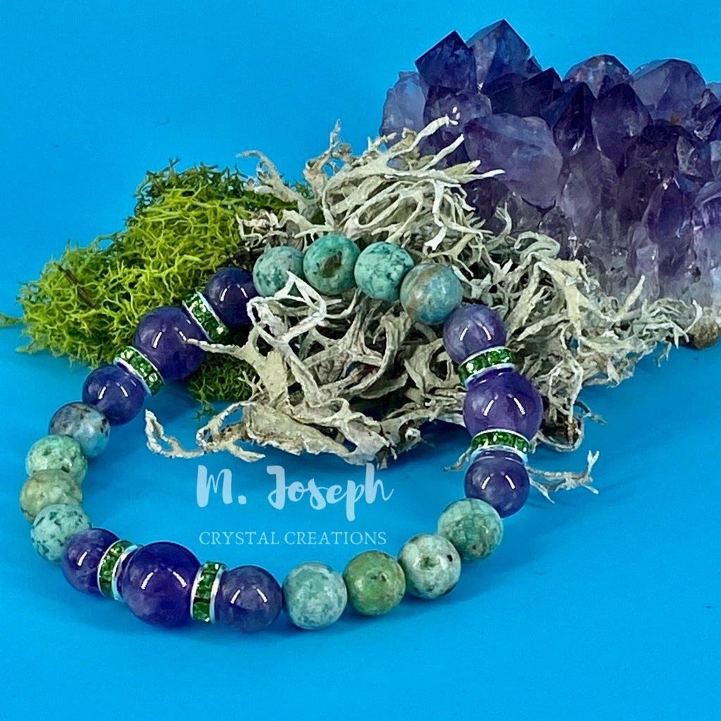 Turquoise is a very spiritual stone; partnered with amethyst it will super-charge your spiritual healing with this bracelet.