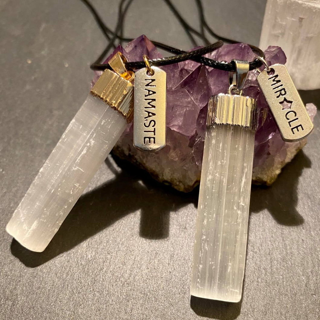 Selenite Crystal Pendant Necklace w/ Inspiration Charm